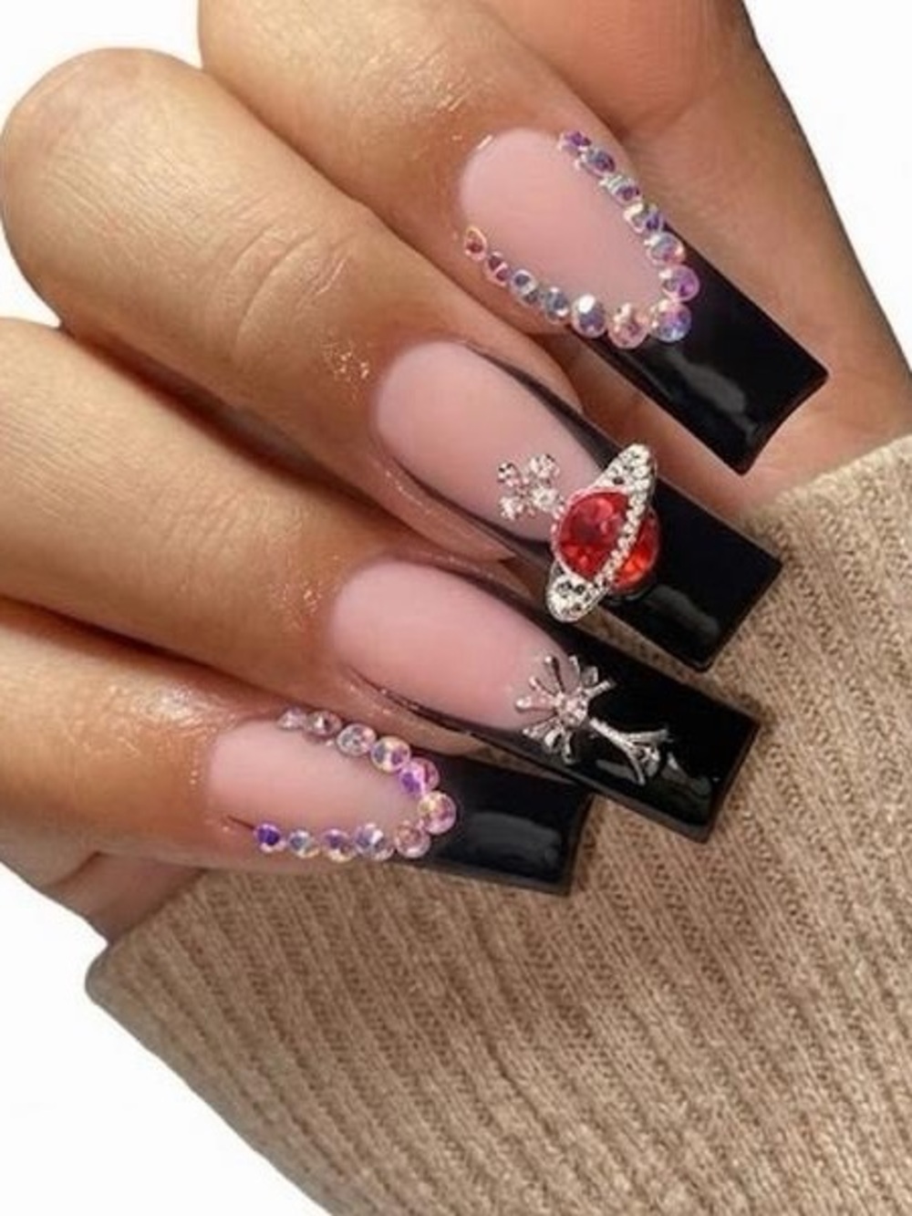 Black & Pink Rhinestone Acrylic Nail Set with Red Planet Charm